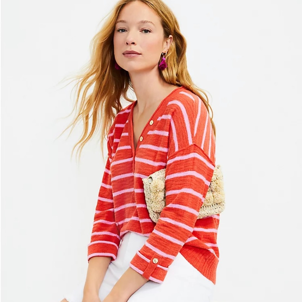 Striped Roll Tab Henley Sweater